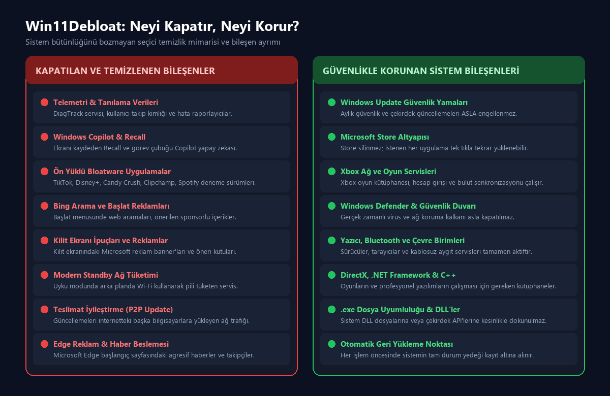 Win11Debloat Neyi Kapatır Neyi Korur Matrisi